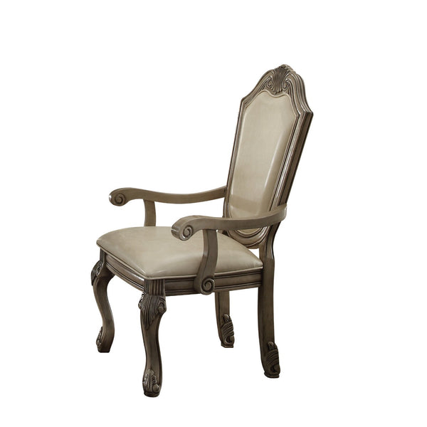 Faux Leather Upholstered Wooden Arm Chairs with Carved Details, Antique White, Set of Two-Arm Chairs-Brown-Wood and Faux Leather-JadeMoghul Inc.