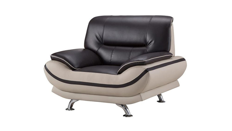Faux Leather Upholstered Wooden Chair with Slender Legs Support, Dark Brown and Beige-Accent Chairs-Brown and Beige-Faux Leather, Wood and Stainless Steel-JadeMoghul Inc.