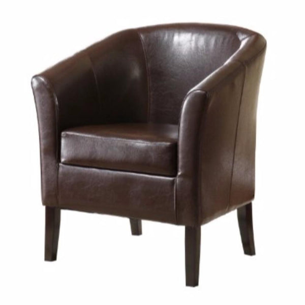 Faux Leather Upholstered Wooden Club Chair with Stitched Detail, Brown-Accent Chairs-Brown-Rubberwood, Plywood and Faux Leather-JadeMoghul Inc.