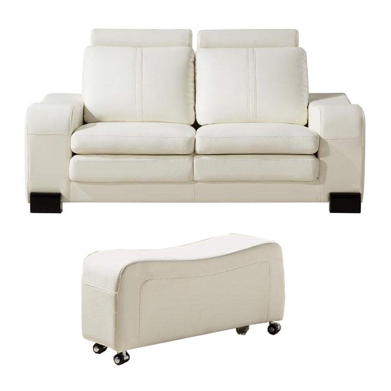 Faux Leather Upholstered Wooden Loveseat and Ottoman Set, White-Sofas Sectionals & Loveseats-White-Wood and Faux Leather-JadeMoghul Inc.