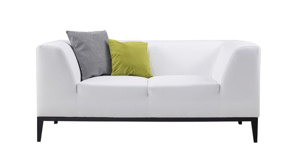 Faux Leather Upholstered Wooden Loveseat with Elevated Armrest, White and Black-Sofas Sectionals & Loveseats-White and Black-Faux Leather, Wood and Metal-JadeMoghul Inc.