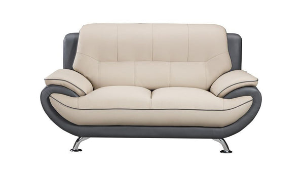 Faux Leather Upholstered Wooden Loveseat with Pillow Top Armrest, Cream and Dark Gray-Sofas Sectionals & Loveseats-Cream and Dark Gray-Faux Leather, Wood and Stainless Steel-JadeMoghul Inc.