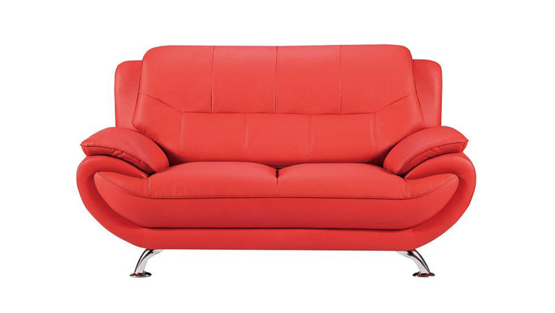 Faux Leather Upholstered Wooden Loveseat with Pillow Top Armrest, Red and Silver-Sofas Sectionals & Loveseats-Red and Silver-Faux Leather, Wood and Stainless Steel-JadeMoghul Inc.