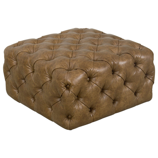 Faux Leather Upholstered Wooden Ottoman with Button Tufted Detailing, Brown