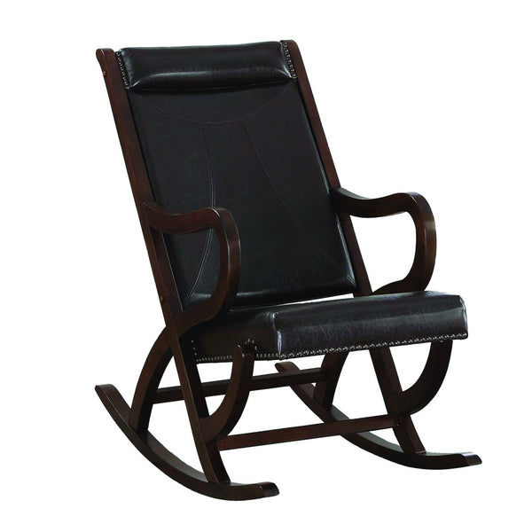 Faux Leather Upholstered Wooden Rocking Chair with Looped Arms, Brown-Accent Chairs-Brown-Wood and Faux Leather-JadeMoghul Inc.