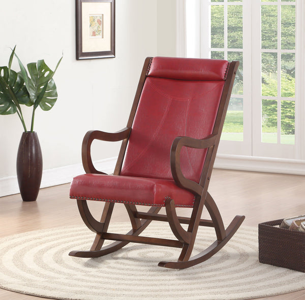 Faux Leather Upholstered Wooden Rocking Chair with Looped Arms, Brown and Red-Accent Chairs-Brown and Red-Wood and Faux Leather-JadeMoghul Inc.