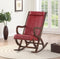 Faux Leather Upholstered Wooden Rocking Chair with Looped Arms, Brown and Red-Accent Chairs-Brown and Red-Wood and Faux Leather-JadeMoghul Inc.