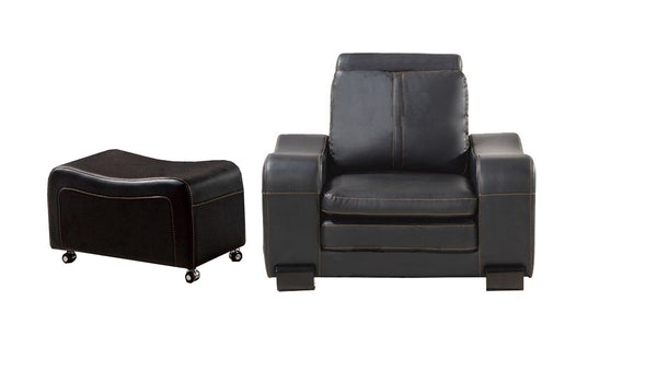 Faux Leather Upholstered Wooden Sofa Chair and Ottoman Set, Black-Accent Chairs-Black-Wood and Faux Leather-JadeMoghul Inc.