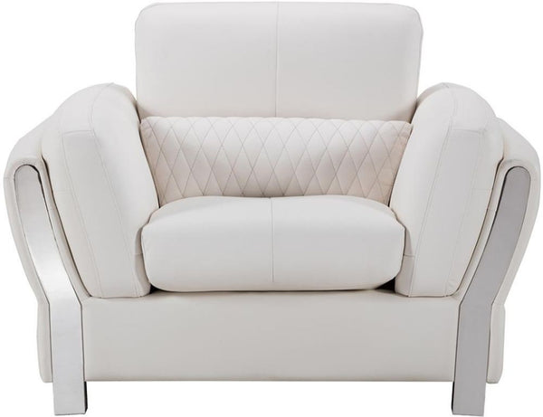 Faux Leather Upholstered Wooden Sofa Chair with Attached Lumbar Cushion, White and Silver-Accent Chairs-White and Silver-Wood and Faux Leather-JadeMoghul Inc.