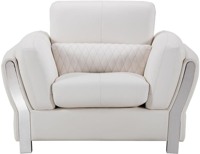 Faux Leather Upholstered Wooden Sofa Chair with Attached Lumbar Cushion, White and Silver-Accent Chairs-White and Silver-Wood and Faux Leather-JadeMoghul Inc.