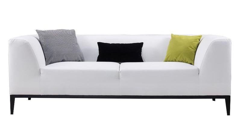 Faux Leather Upholstered Wooden Sofa with Elevated Armrest, White and Black-Sofas Sectionals & Loveseats-White and Black-Faux Leather, Wood and Metal-JadeMoghul Inc.