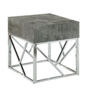 Faux Marble Square End Table With Metal Geometric Open Base, Gray and Silver-Side and End Tables-Gray And Silver-Wood Veneer Engineered wood Faux Marble & Metal-JadeMoghul Inc.