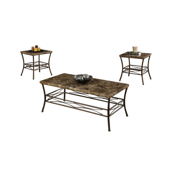 Faux Marble Top 3 Pieces Coffee End Table Set In Brown-Coffee Table Sets-Brown-Faux Marble & Metal-JadeMoghul Inc.