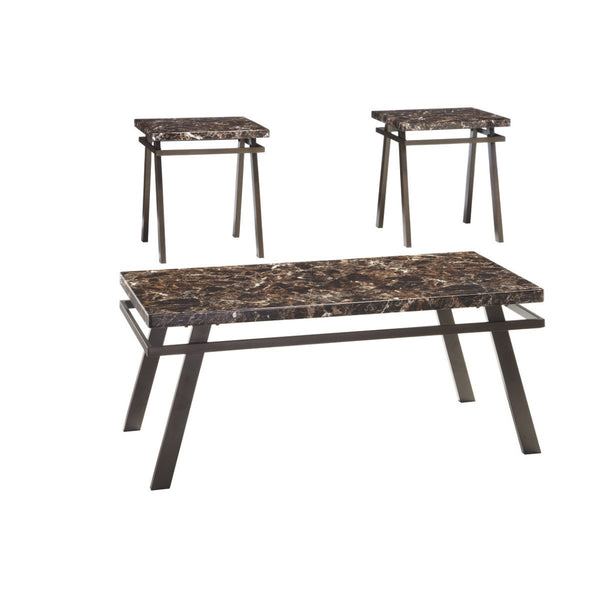 Faux Marble Top Table Set with Flared Metal Legs, Set of Three, Brown and Black-Accent Tables-Brown and Black-Metal-JadeMoghul Inc.