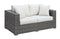 Faux Polyester and Aluminium Loveseat with Seat and Back Cushion, White and Gray-Living Room Furniture-Gray and White-Aluminium Faux Polyester and Wicker Wood-JadeMoghul Inc.