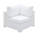Faux Polyester and Aluminum Corner Chair with Padded Seat Cushion, White-Accent Chairs-White-Aluminum Faux Polyester and Wicker Wood-JadeMoghul Inc.