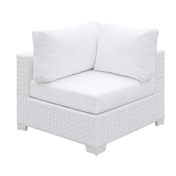 Faux Polyester and Aluminum Corner Chair with Padded Seat Cushion, White-Accent Chairs-White-Aluminum Faux Polyester and Wicker Wood-JadeMoghul Inc.