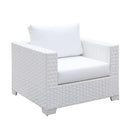 Faux Polyester and Aluminum Square Armchair with Padded Seat Cushion, White-Accent Chairs-White-Aluminum Faux Polyester and Wicker Wood-JadeMoghul Inc.