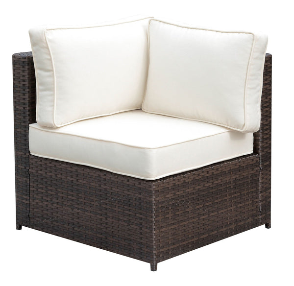 Faux Rattan Corner Chair with 1 Seat & 2 Back Cushions, Brown And Ivory-Chairs-Brown And Ivory-Faux Rattan Metal And Fabric-JadeMoghul Inc.