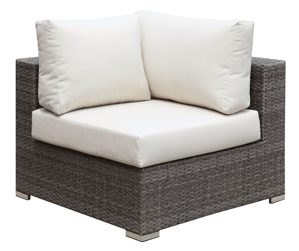 Faux Rattan Corner Chair with Seat & Back Cushions, Brown & White-Chairs-Gray And Ivory-Faux Rattan Metal And Fabric-JadeMoghul Inc.