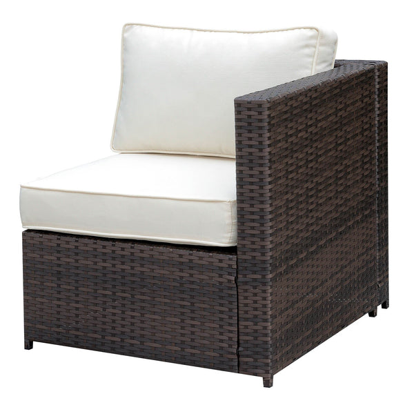 Faux Rattan Left Arm Chair with Seat & Back Cushions, Brown And Ivory-Chairs-Brown And Ivory-Faux Rattan Metal And Fabric-JadeMoghul Inc.