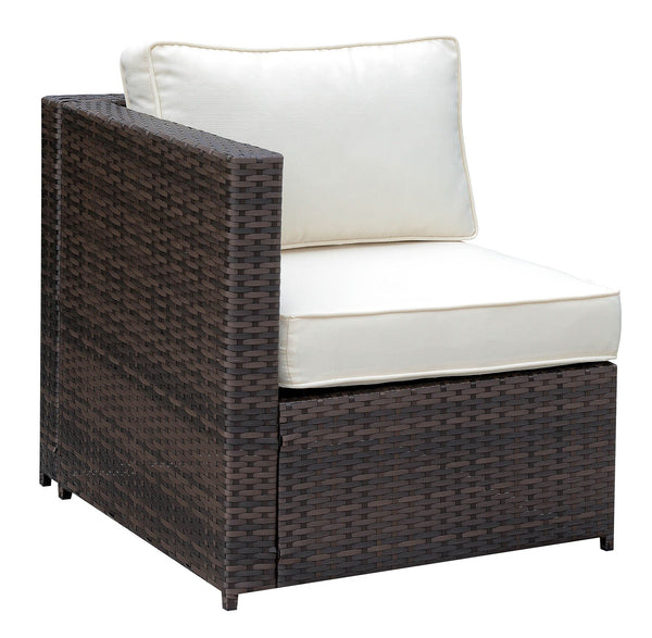 Faux Rattan Right Arm Chair with Seat & Back Cushions, Brown And Ivory-Chairs-Brown And Ivory-Faux Rattan Metal And Fabric-JadeMoghul Inc.