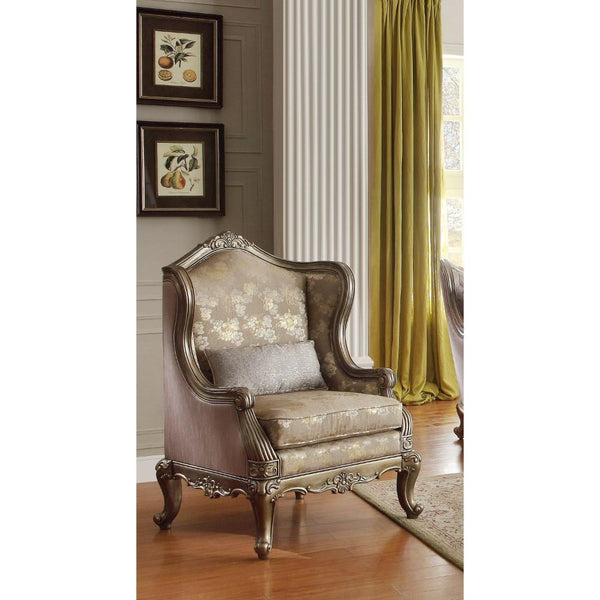 Faux Silk Patterned Accent Chair With Cabriole Legs, Gold-Living Room Furniture-Gold-Fabric Wood-JadeMoghul Inc.