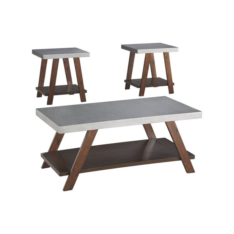 Faux Tin and Wooden Table Set with Plank Style Lower Shelf, Set of Three, Brown and Silver-Accent Tables-Brown and Silver-Wood-JadeMoghul Inc.