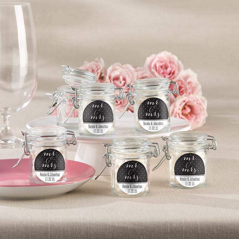 Favor Boxes Bags & Containers Personalized Glass Favor Jars - Mr. & Mrs. (Set of 12) Kate Aspen