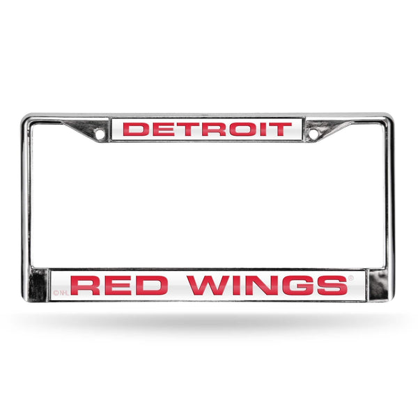FCL Chrome Laser License Frame Red Wings Laser Chrome Frame White Background With Red Letters RICO