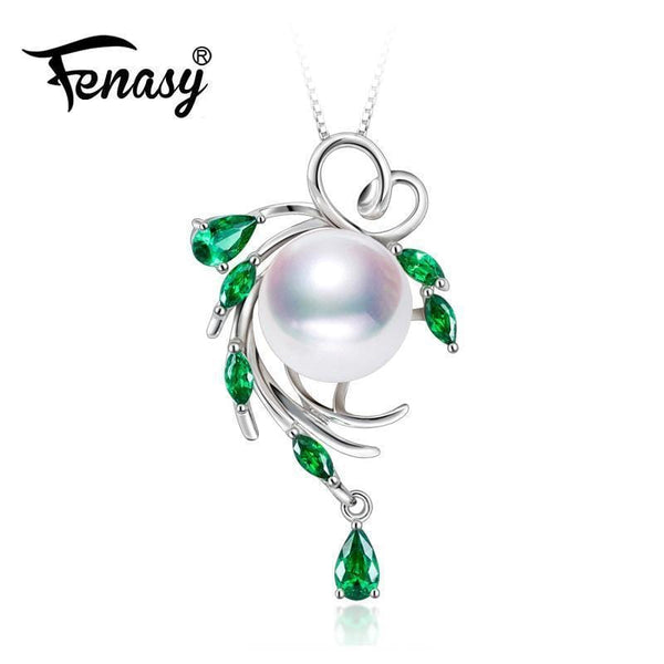 FENASY  freshwater pearl necklace pendant s925 sterling silver emerald necklace bohemia leaf fashion necklaces for women gift