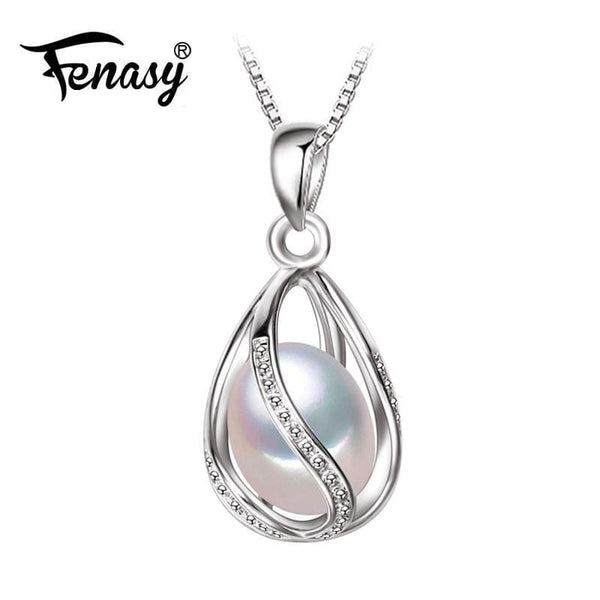 FENASY Pearl Jewelry,natural Pearl Pendant cage Necklace Party fashion style Freshwater Pearl Silver Necklace Pendant,gift box-White-JadeMoghul Inc.