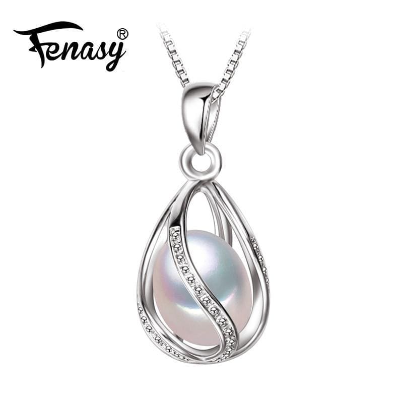 FENASY Pearl Jewelry,natural Pearl Pendant cage Necklace Party fashion style Freshwater Pearl Silver Necklace Pendant,gift box-White-JadeMoghul Inc.