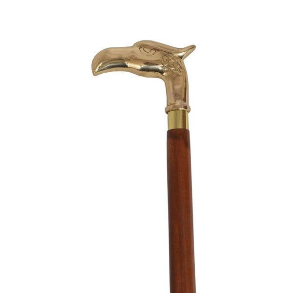 Fierce Lyptus Wood Walking Stick With Brass Eagle Head Handle, Brown and Gold-Decorative Objects and Figurines-Brown-BRASS-JadeMoghul Inc.