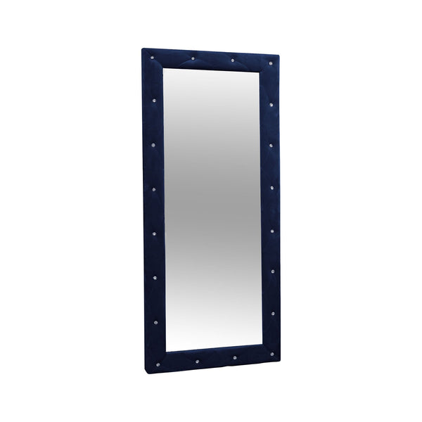 Finely Designed Floor Mirror with Crystal Tufted Velvet Upholstered Frame, Blue