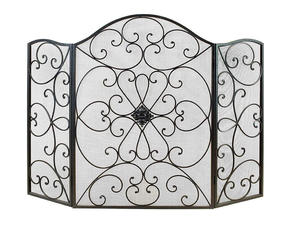Fireplace Screens Scroll Patterned 3- Panel Metal Fire Screen With Double Bar for Fire Place , Black Benzara