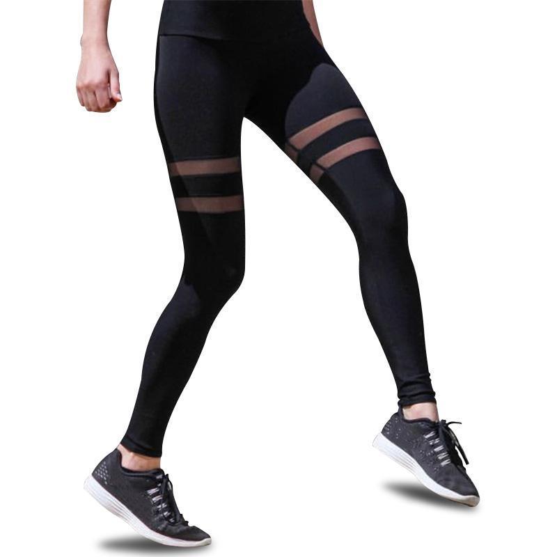 Fitness Elastic Waist Mesh Splice Yoga Leggings Training Sport Pants Athletic Running Tights Sportswear Trousers for Women 2013-L-Black-JadeMoghul Inc.