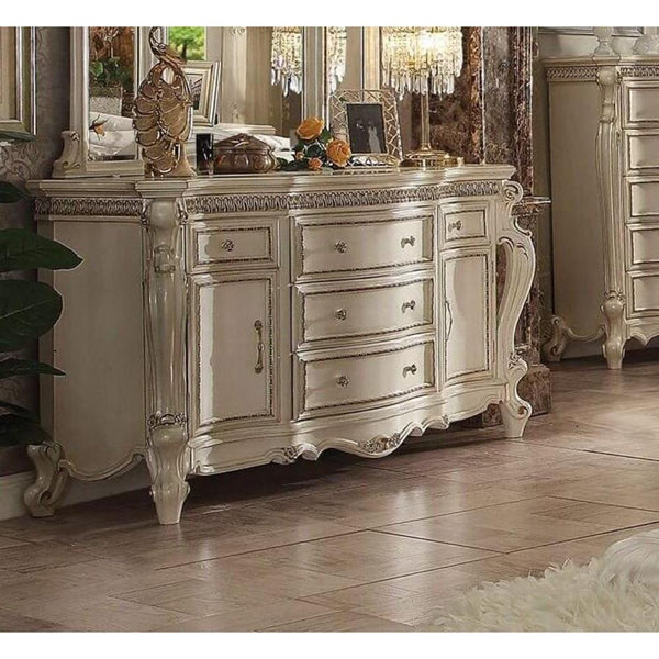 Five Drawer And Two Door Dresser With Carved Cabriole Legs, Antique Pearl-Bedroom Furniture-White-Wood Poly Resin-JadeMoghul Inc.