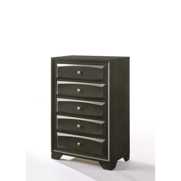 Five Drawer Chest With Brushed Nickel Accent And Chamfered Legs, Antique Gray-Cabinet and Storage Chests-Gray-Wood-JadeMoghul Inc.