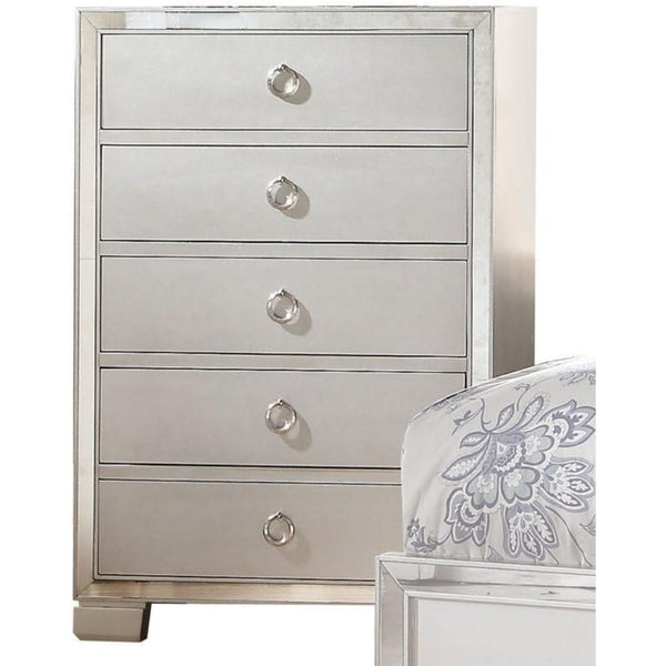 Five Drawer Chest With Mirror Insert Front Trim, Platinum-Cabinet and Storage Chests-Gray-Wood Mirror Metal-JadeMoghul Inc.