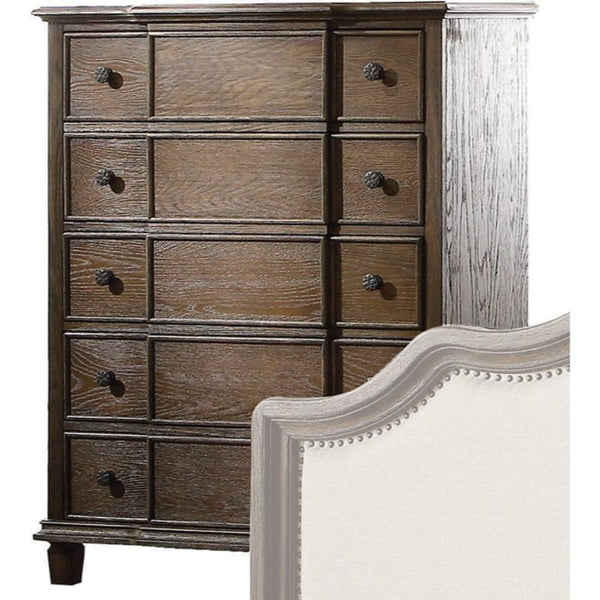 Five Drawer Chest With Round Knobs Side Metal Glide In Weathered Oak Finish-Cabinet and Storage Chests-Brown-Wood Veneer-JadeMoghul Inc.