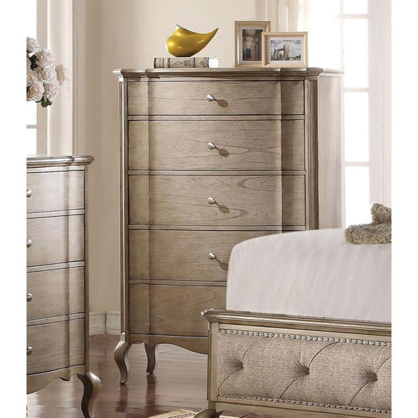 Five Drawer Chest With Scalloped Bottom Edge & Cabriole Leg, Antique Taupe-Cabinet and Storage Chests-Brown-Wood Veneer-JadeMoghul Inc.