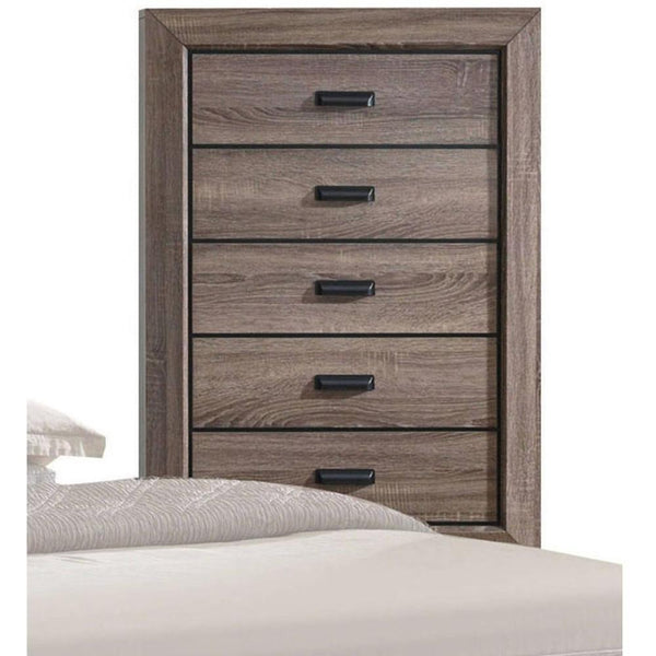 Five Drawer Chest With Scalloped Feet In Weathered Gray Grain Finish-Cabinet & Storage Chests-Gray-Wood, Veneer-JadeMoghul Inc.