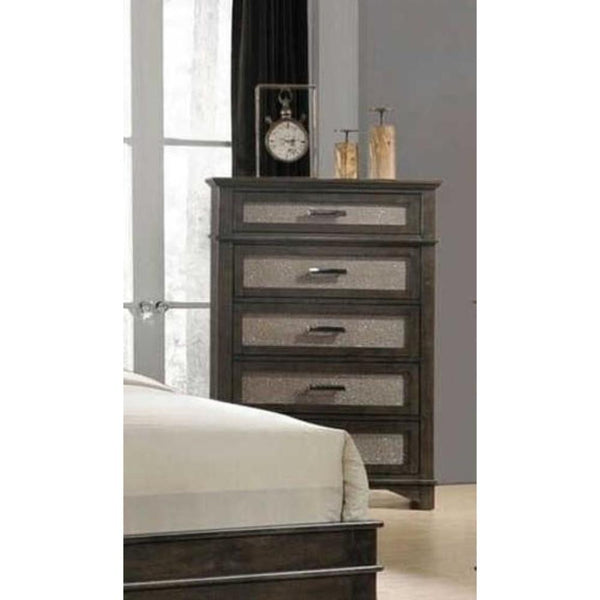 Five Drawer Chest With shimmer Front Panel & Bracket Legs, Dark Walnut-Cabinet and Storage Chests-Brown-Wood-JadeMoghul Inc.