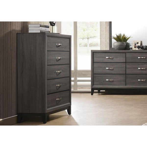 Five Drawer Chest With Tapered Feet, Weathered Gray-Cabinet and Storage Chests-Gray-Wood Veneer-JadeMoghul Inc.