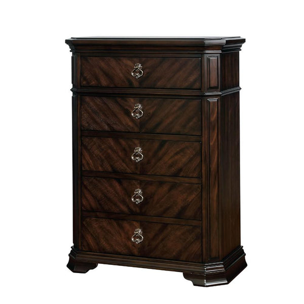 Five Drawer Solid Wood Chest with Clipped Corner, Espresso Brown-Cabinet and Storage chests-Brown-Solid Wood Wood Veneer Metal-JadeMoghul Inc.