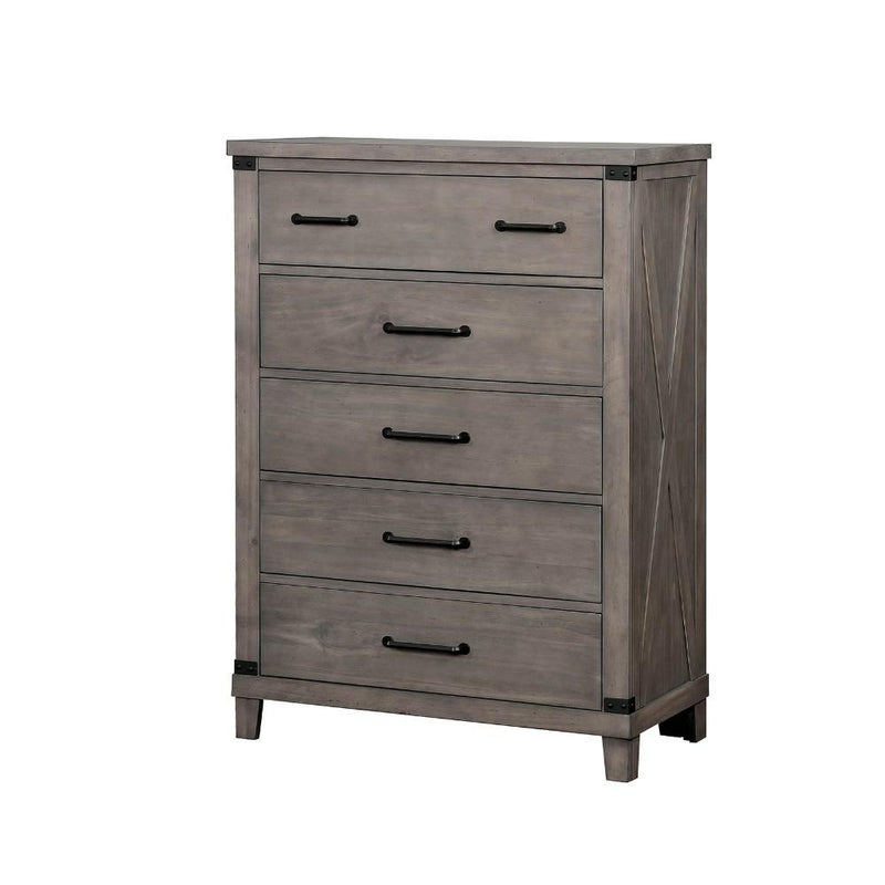 Five Drawer Solid Wood Chest with Crossed Planked Side Panels, Gray-Cabinet and Storage chests-Gray-Solid Wood Wood Veneer Metal-JadeMoghul Inc.