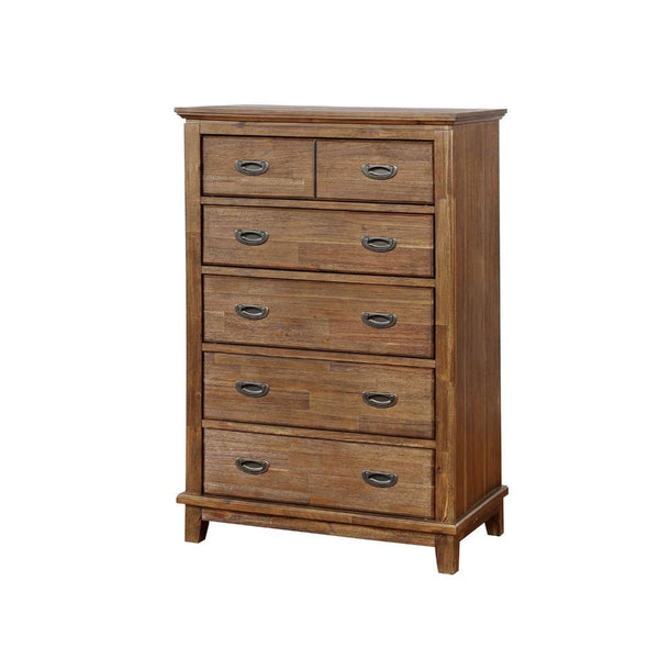 Five Drawer Solid Wood Chest with Metal Pulls Hide On Cutout Space, Brown-Cabinet and Storage chests-Brown-Solid Wood Wood Veneer Metal-JadeMoghul Inc.