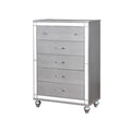 Five Drawer Solid Wood Chest with Mirror Accent Trim Front, Silver-Cabinet and Storage chests-Silver-Solid Wood Wood Veneer Mirror-JadeMoghul Inc.