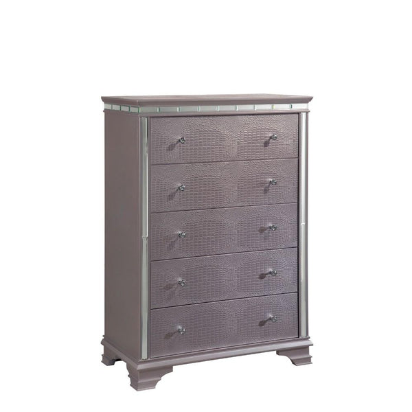 Five Drawer Solid Wood Chest with Mirror Accent Trim, Silver-Cabinet and Storage chests-Silver-Solid Wood Wood Veneer Mirror-JadeMoghul Inc.